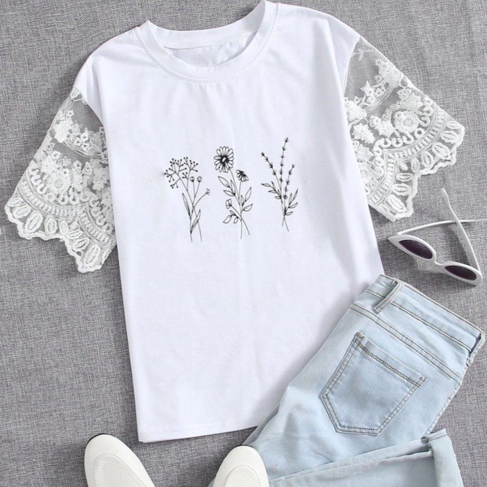 SHEIN Baby Blue Lace Sleeve Floral Print Tee L